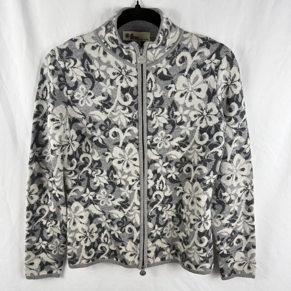 Vintage Neve Designs Gray Floral‎ Wool Zip Up Cardigan Small Old Money Mature